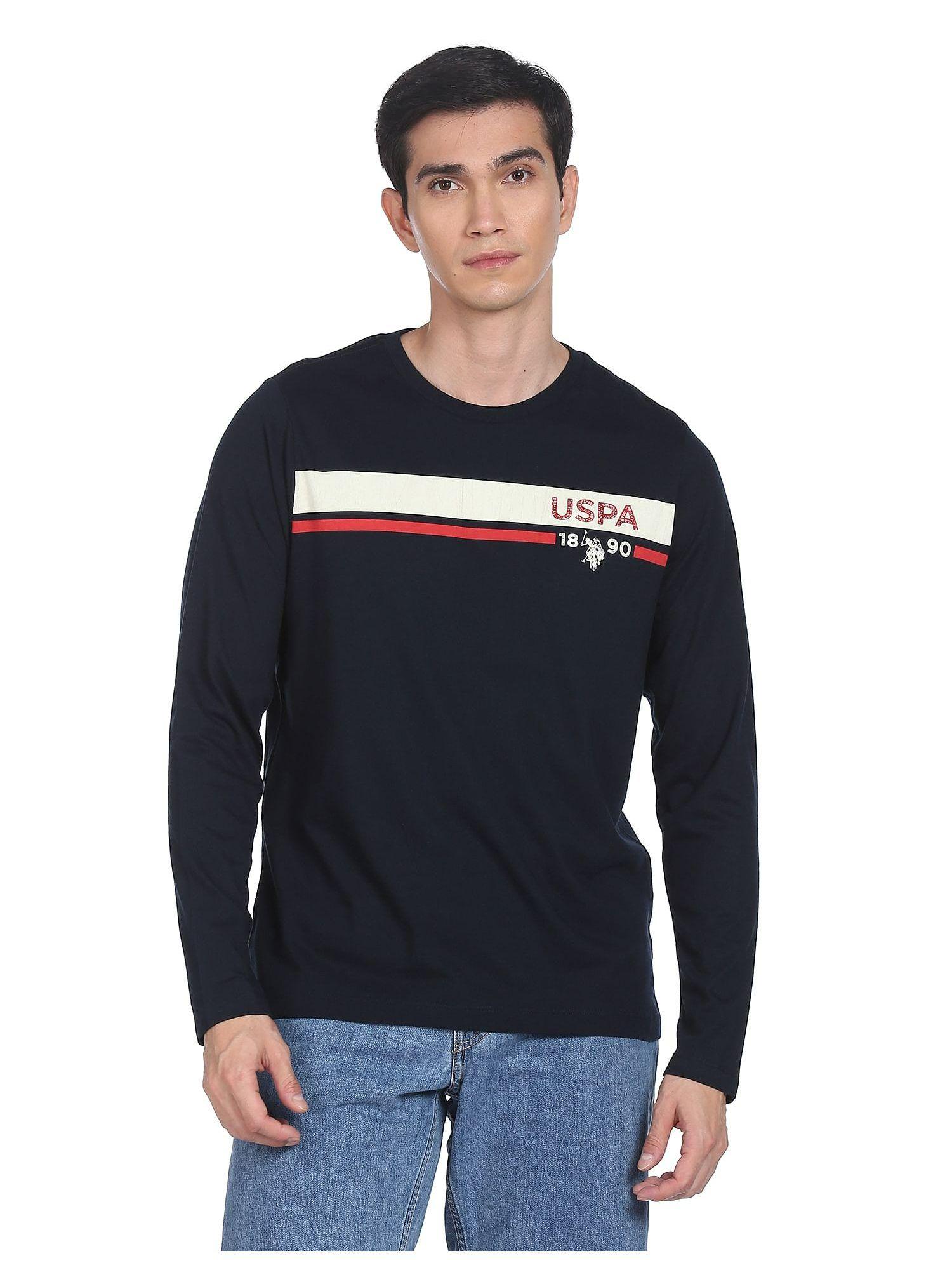 men navy long sleeve brand stripe cotton t-shirt