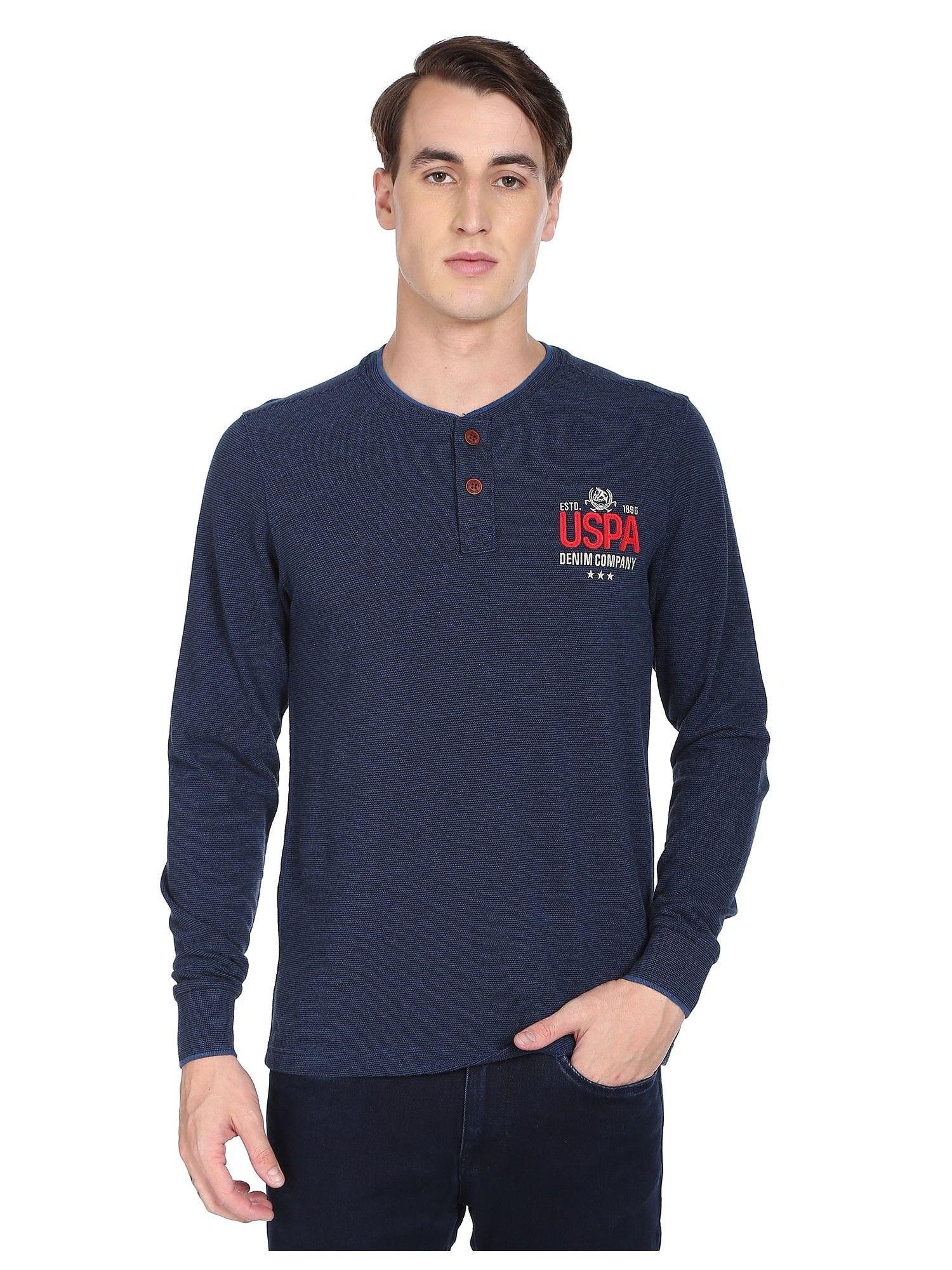 men navy long sleeve henley neck cotton t-shirt