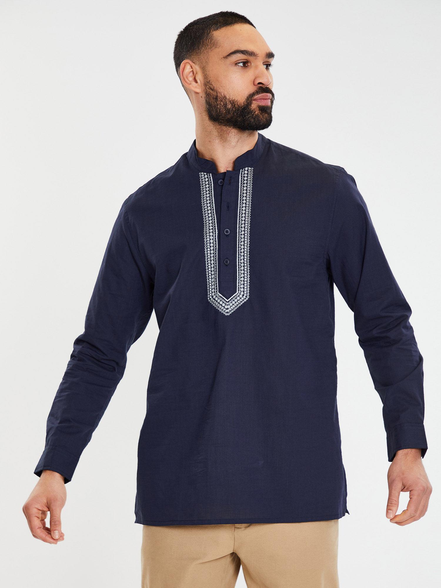 men navy long sleeve short tunic kurta shirt