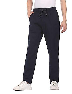 men navy mid rise drawstring waist solid casual trousers