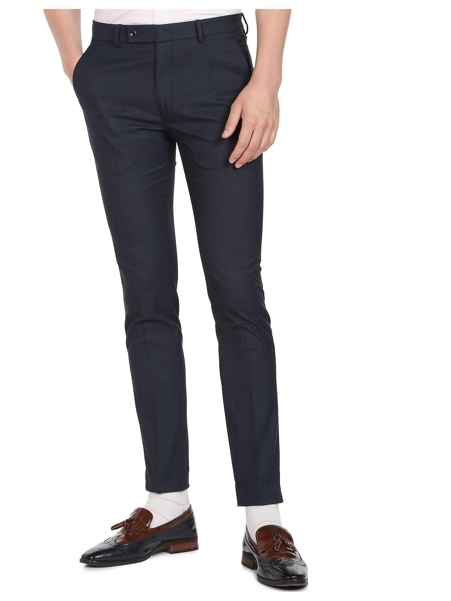 men navy mid rise flat front stripes formal trousers