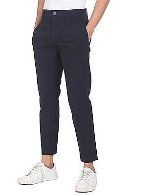 men navy mid rise solid casual trousers