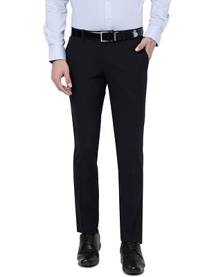 men navy mid rise solid formal trousers