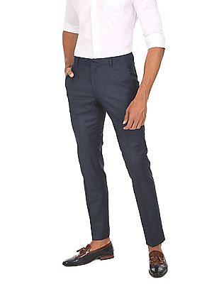 men navy mid rise solid smart casual trousers