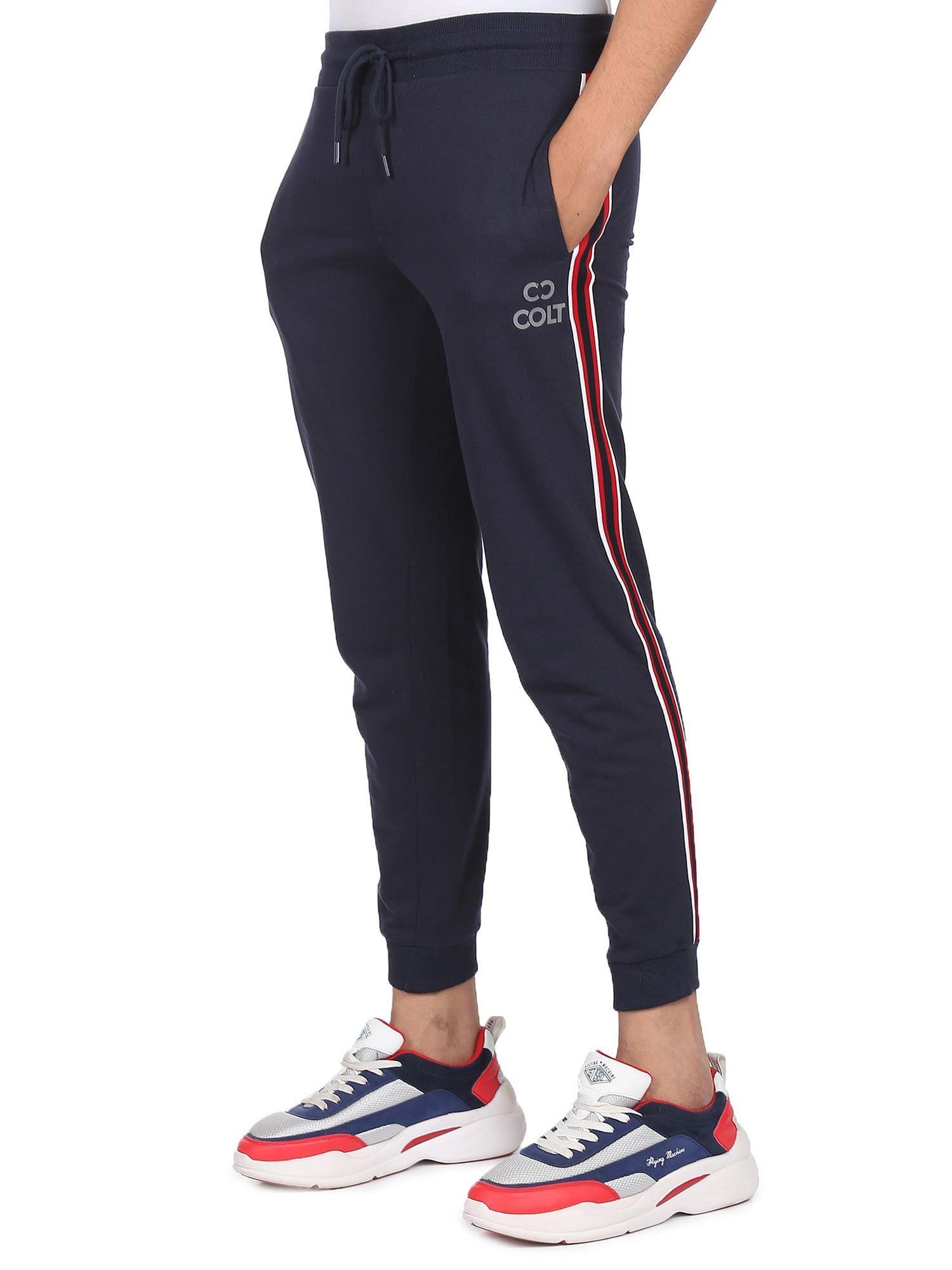 men navy mid rise solid track pants