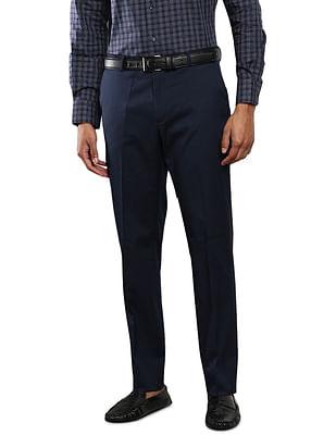 men navy mid rise solid twill formal trousers