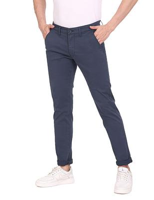 men navy mid rise twill weave solid casual trousers