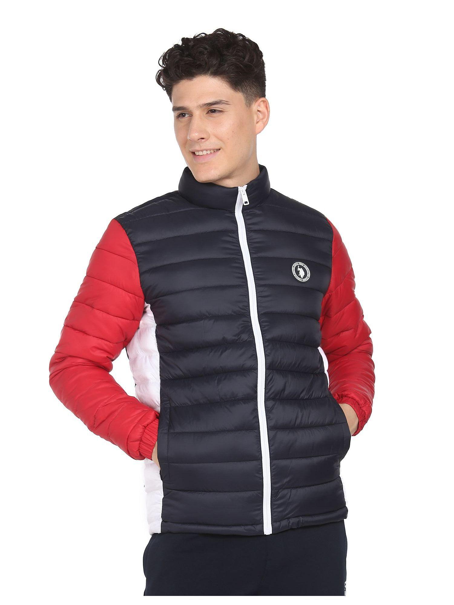 men navy panelled colour block puffer jacket