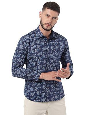 men navy patch pocket floral print casual shirt