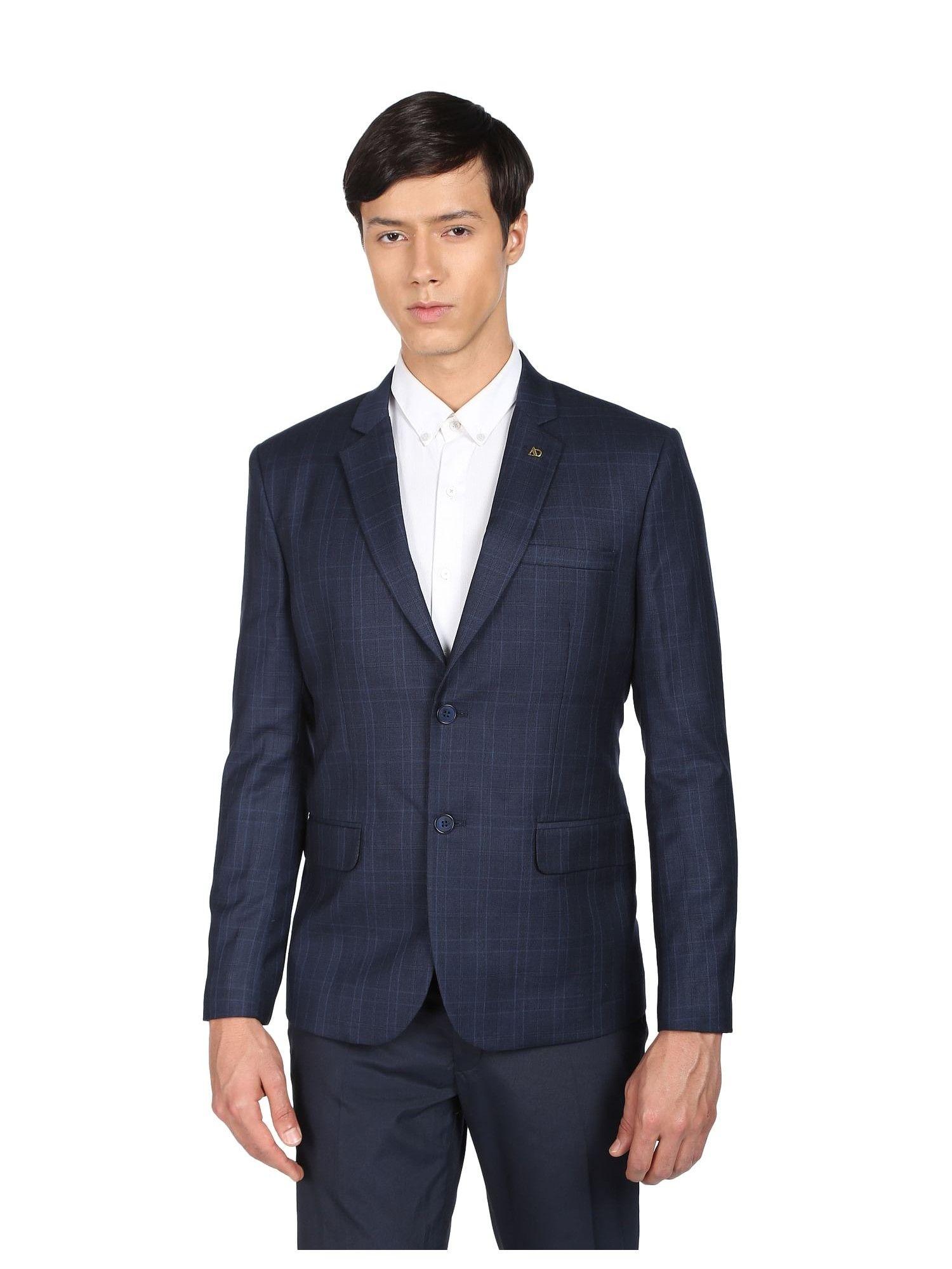 men navy patterned weave plaid check formal blazer