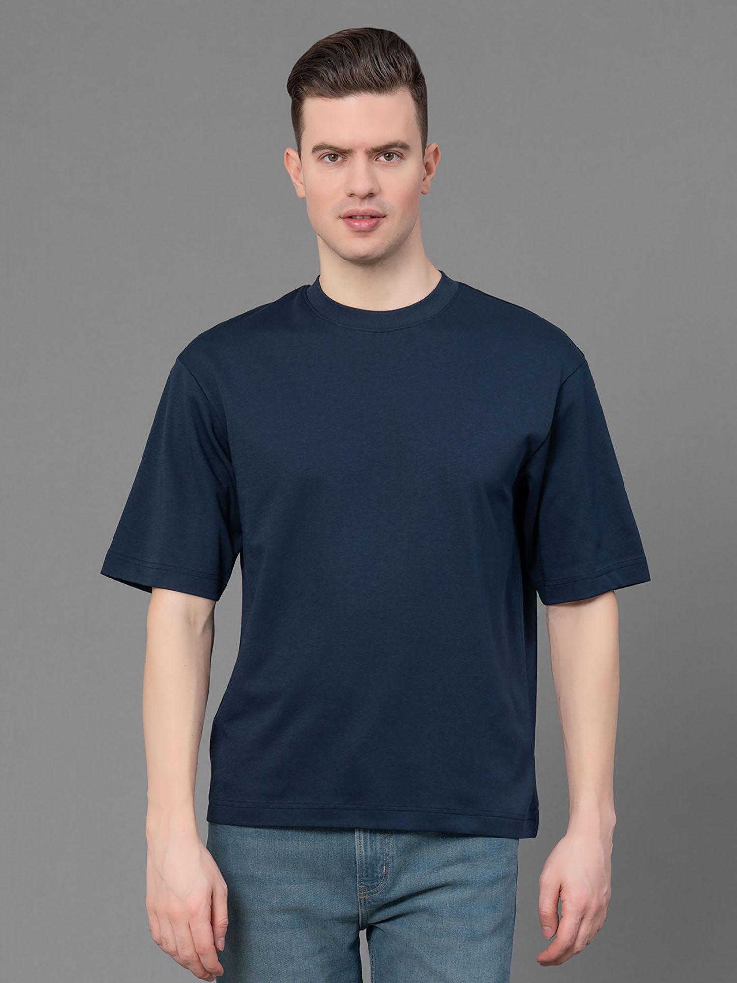 men navy poly cotton solid round neck t-shirt