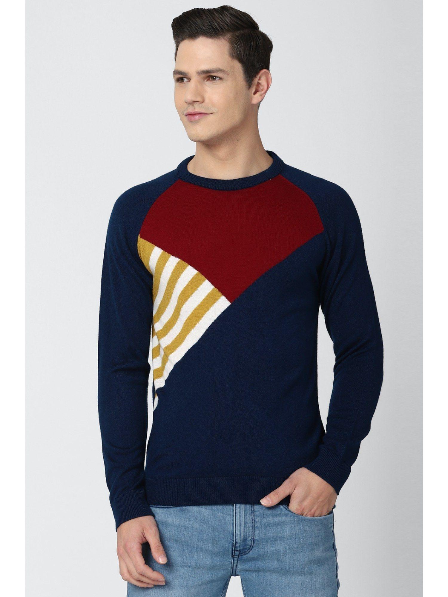 men navy print crew neck sweater