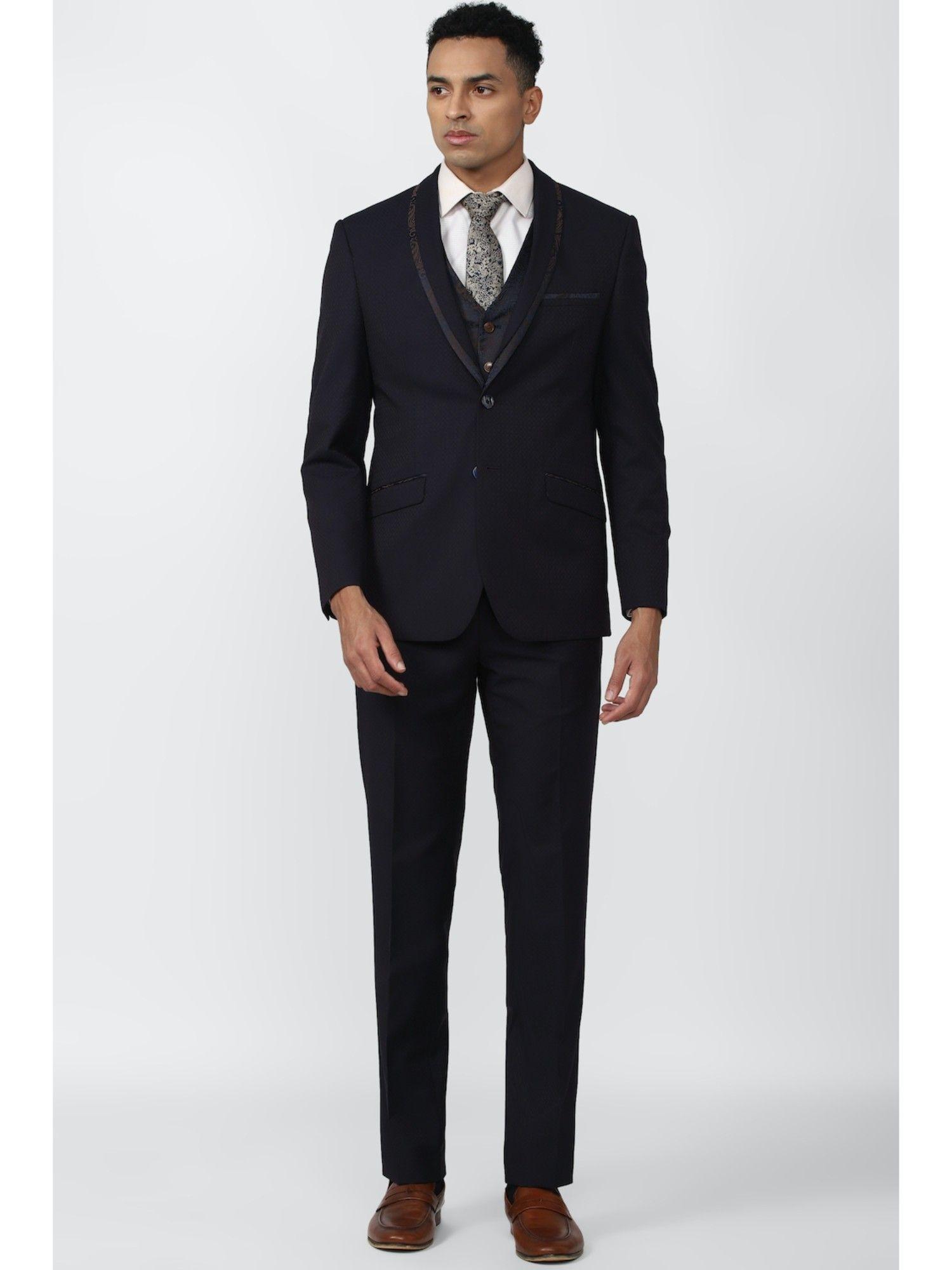 men navy print slim fit formal suit (set of 3)