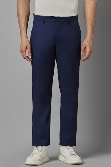 men navy regular fit solid flat front casual trousers