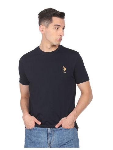 men navy ribbed neck crew neck solid t-shirt