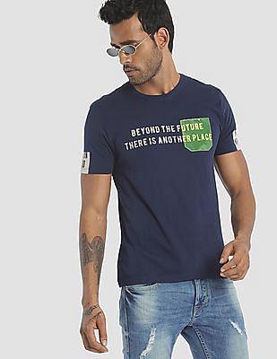 men navy ribbed neck printed t-shirt