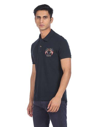 men navy short placket solid polo t-shirt