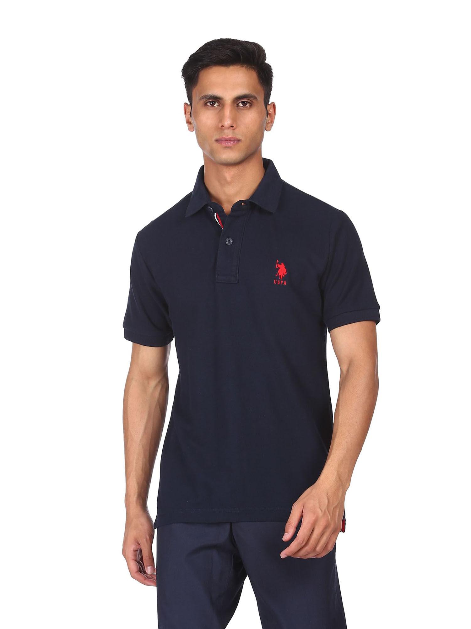 men navy short sleeve brand logo polo t-shirt