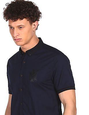 men navy short sleeve solid casual shirt