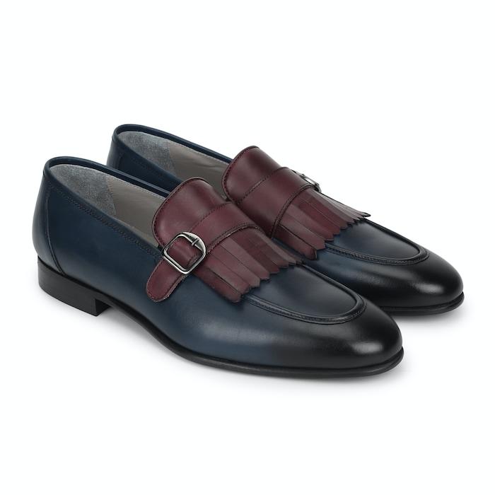 men navy single buckle monk strap loafers