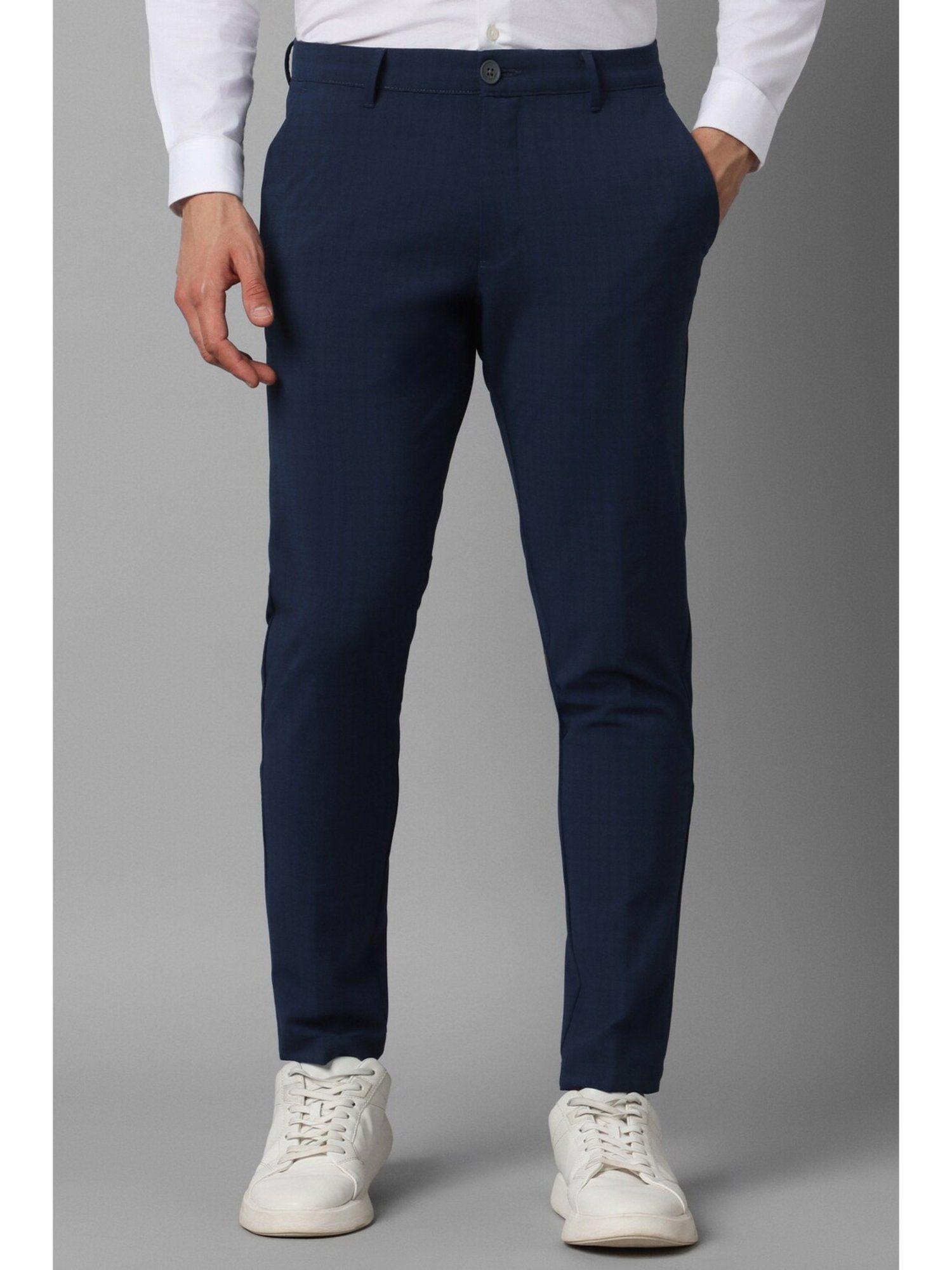 men navy slim fit check flat front casual trousers