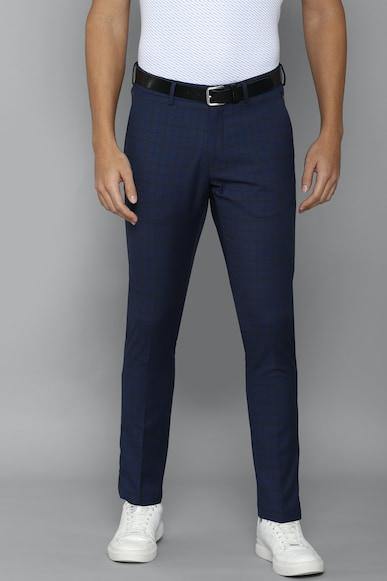 men navy slim fit check flat front casual trousers