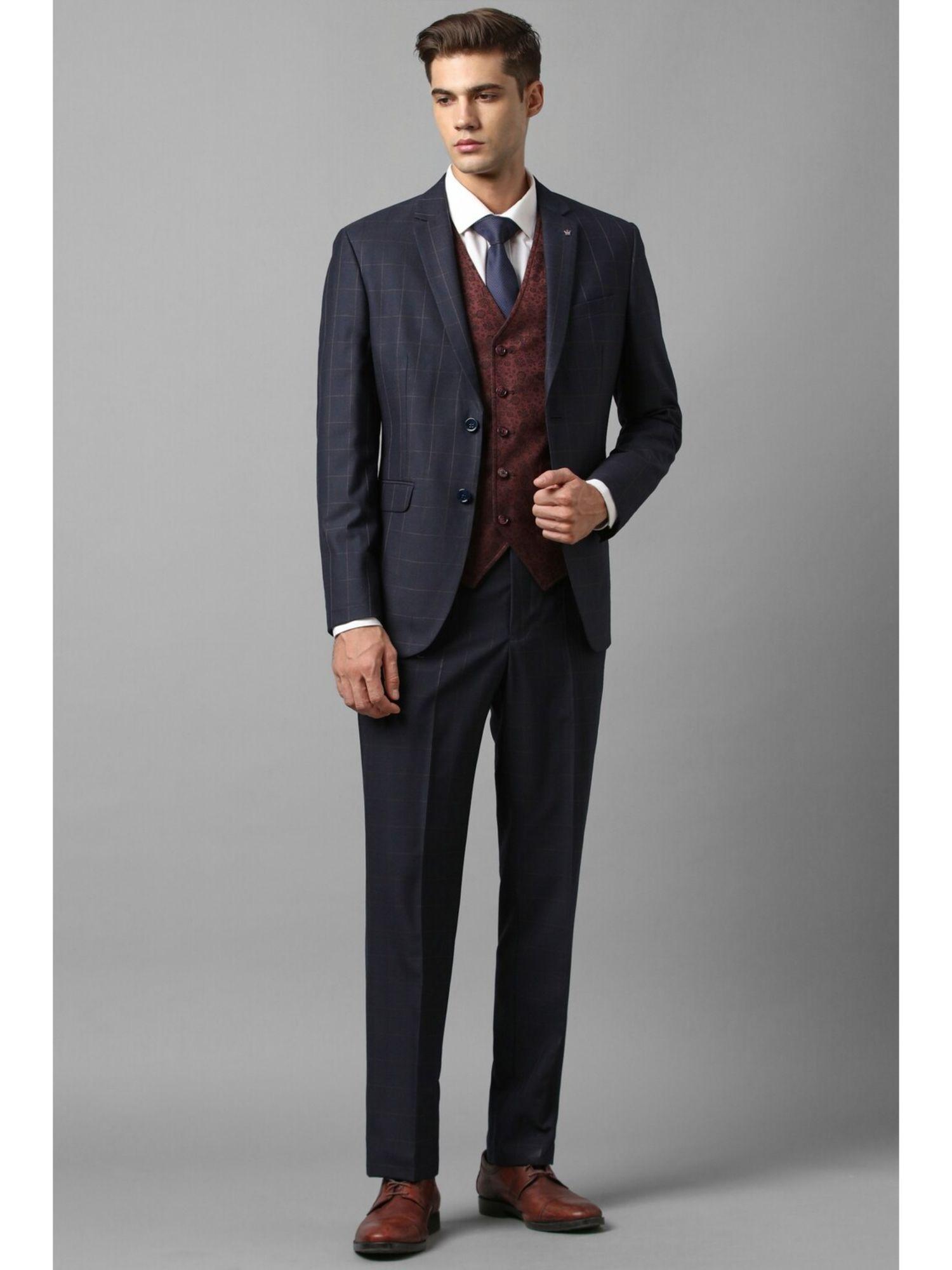 men navy slim fit check formal three piece suit (set of 3)