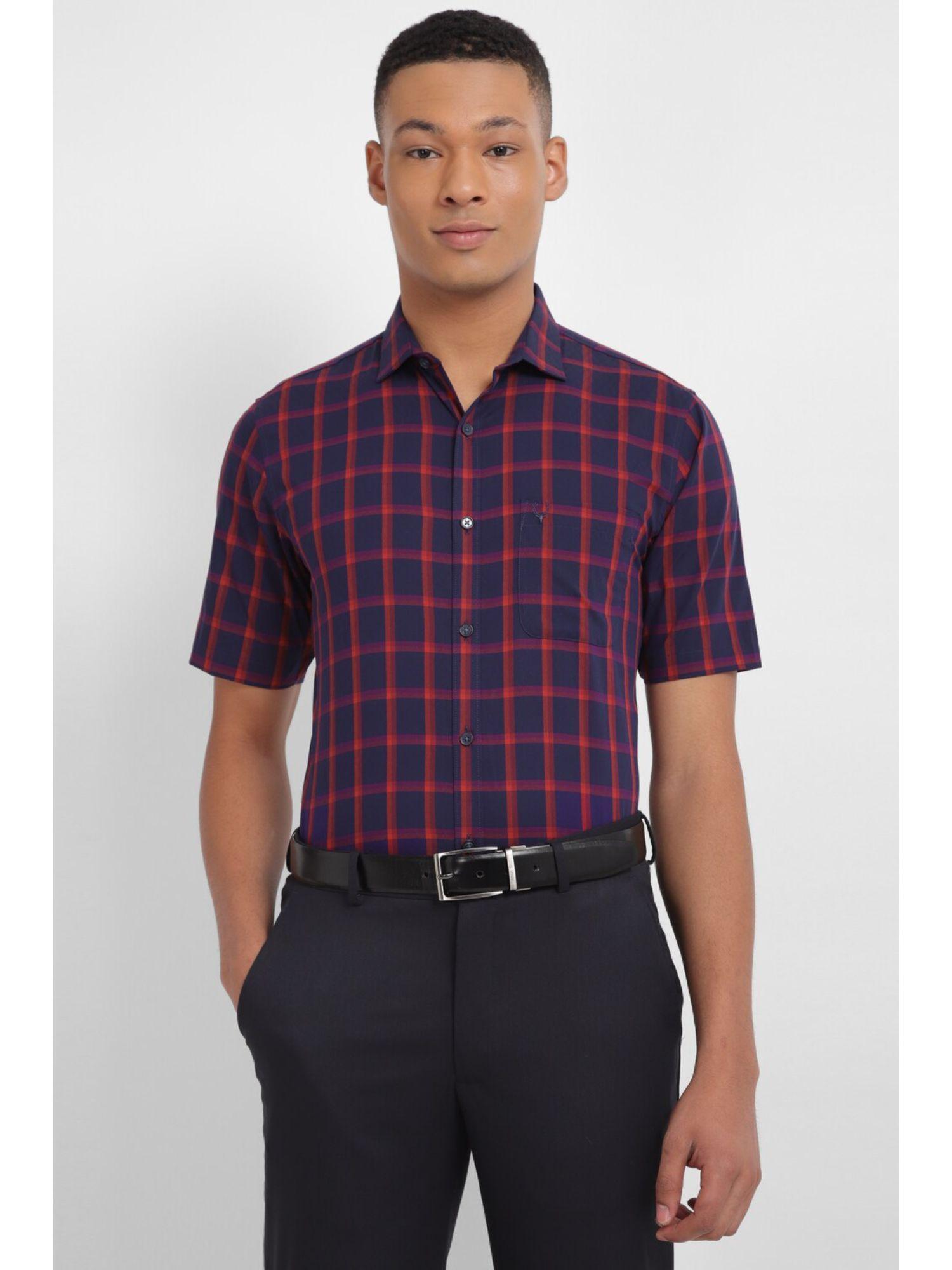 men navy slim fit check half sleeves formal shirt