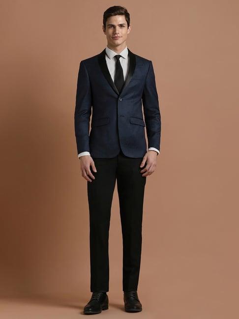 men navy slim fit print formal two piece suit