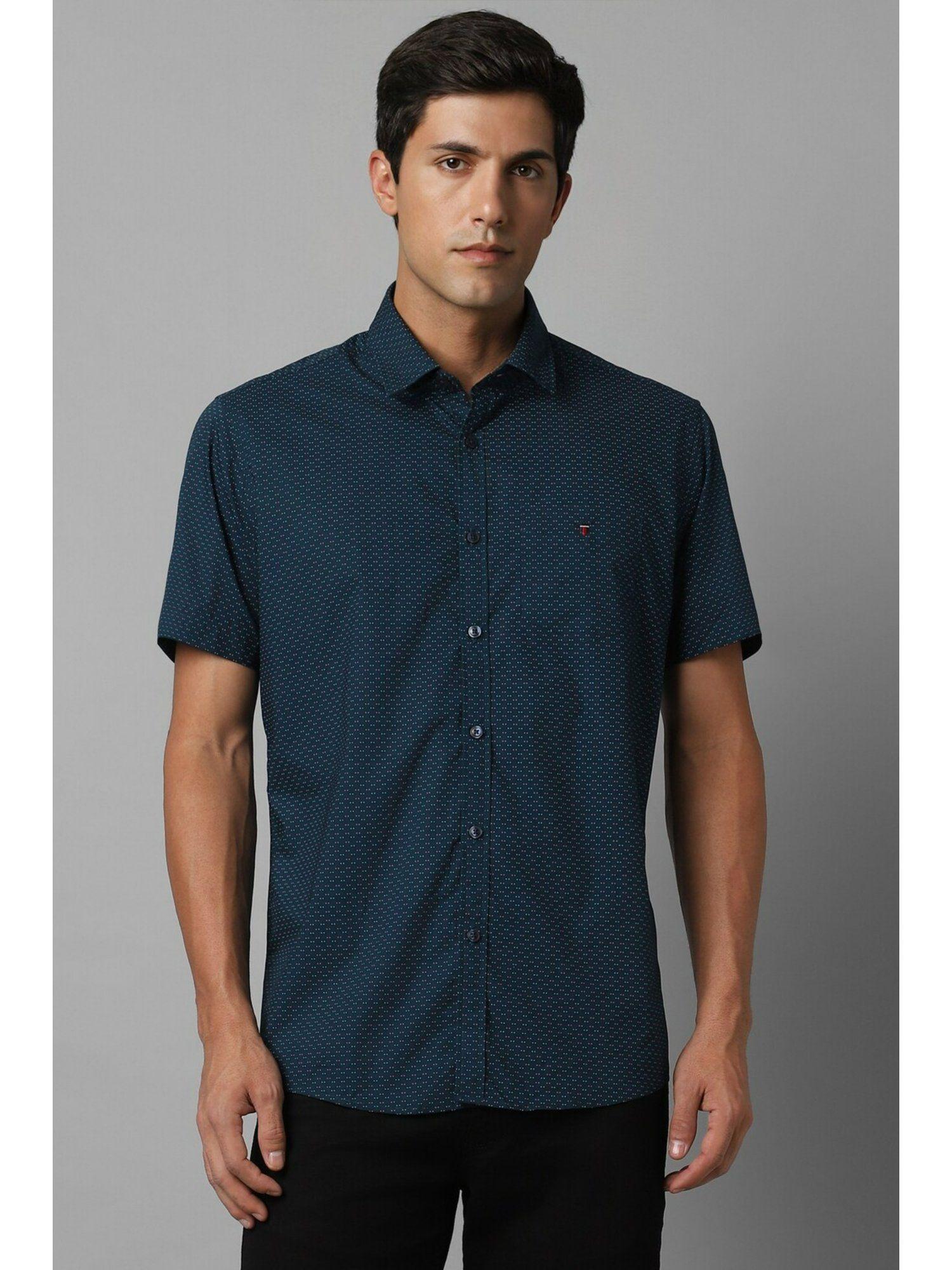 men navy slim fit print half sleeves casual shirt