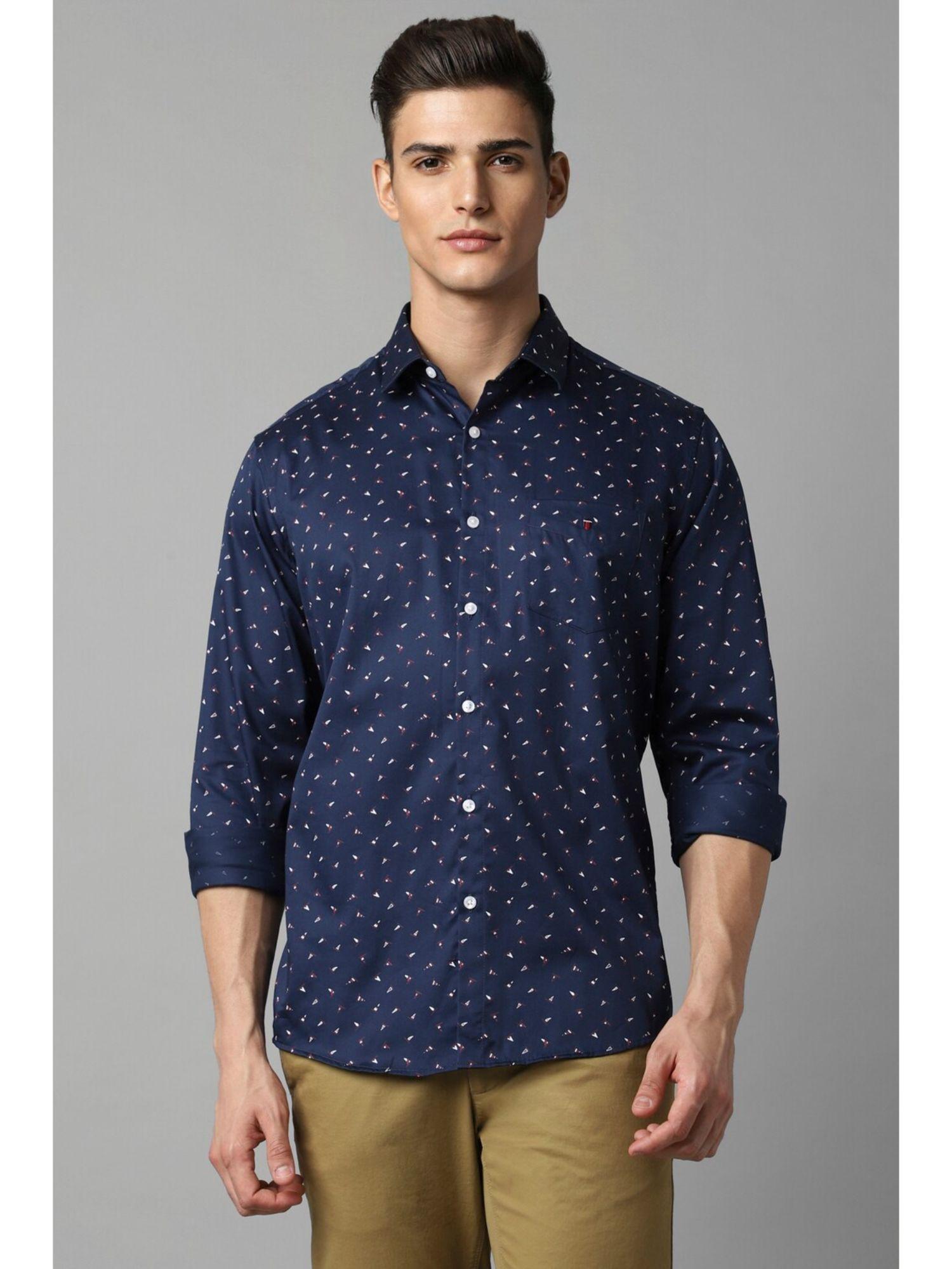 men navy slim fit printed full sleeves casual shirt