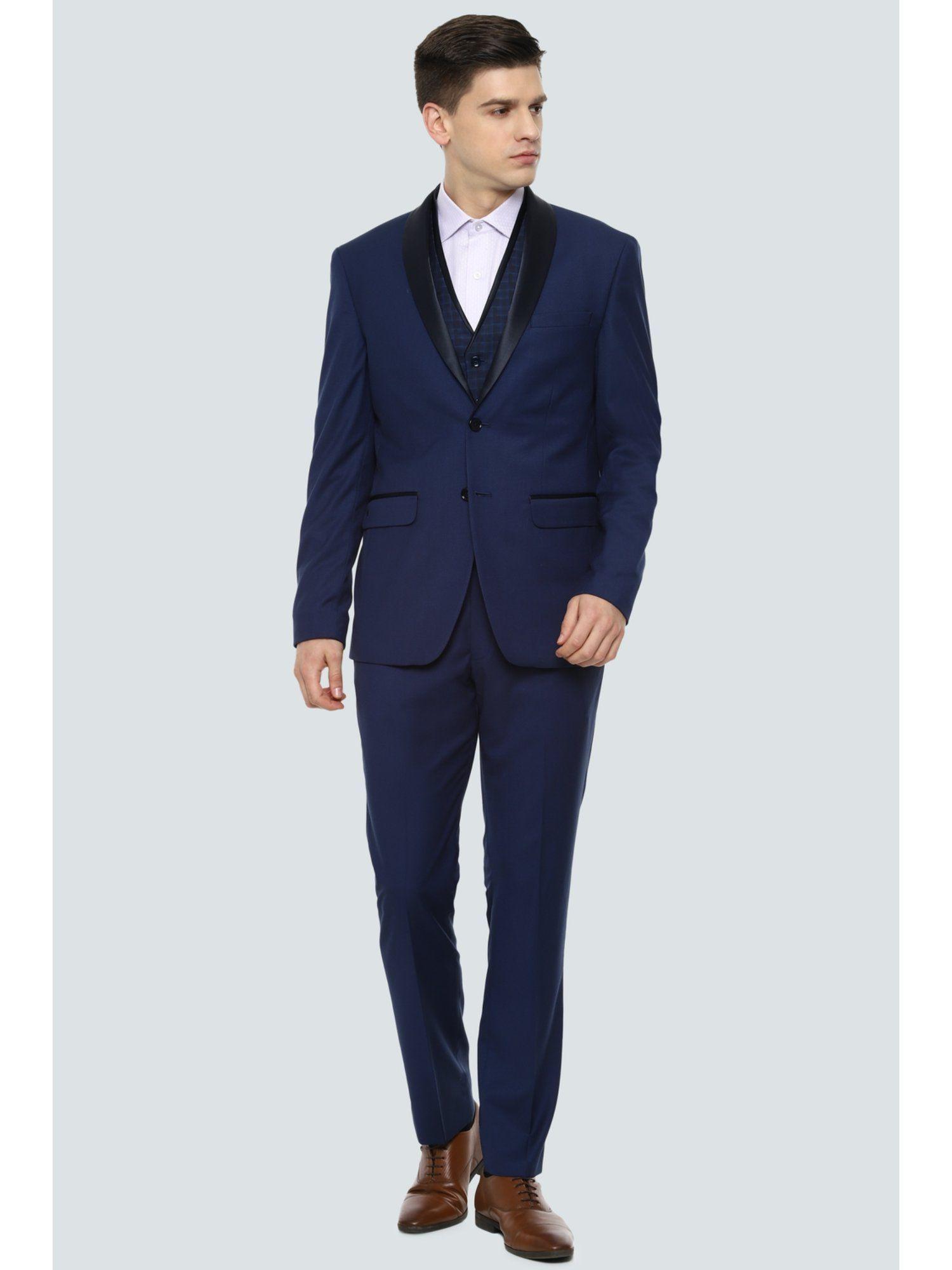 men navy slim fit solid casual three piece suit (set of 3)