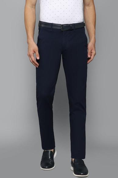 men navy slim fit solid flat front casual trousers