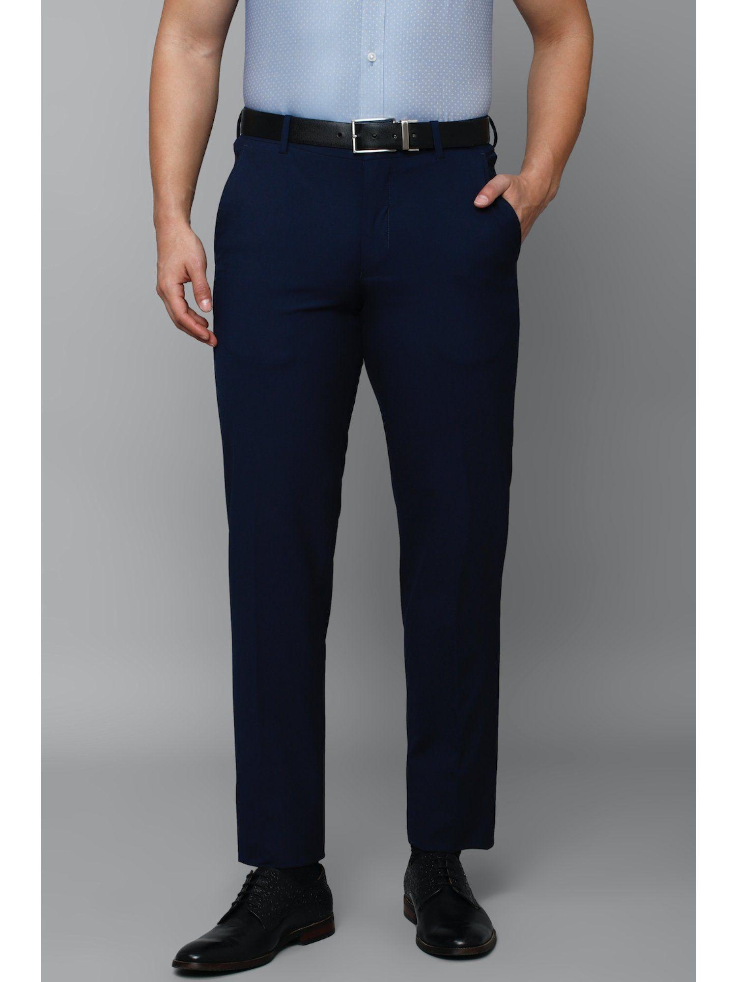 men navy slim fit solid flat front formal trousers