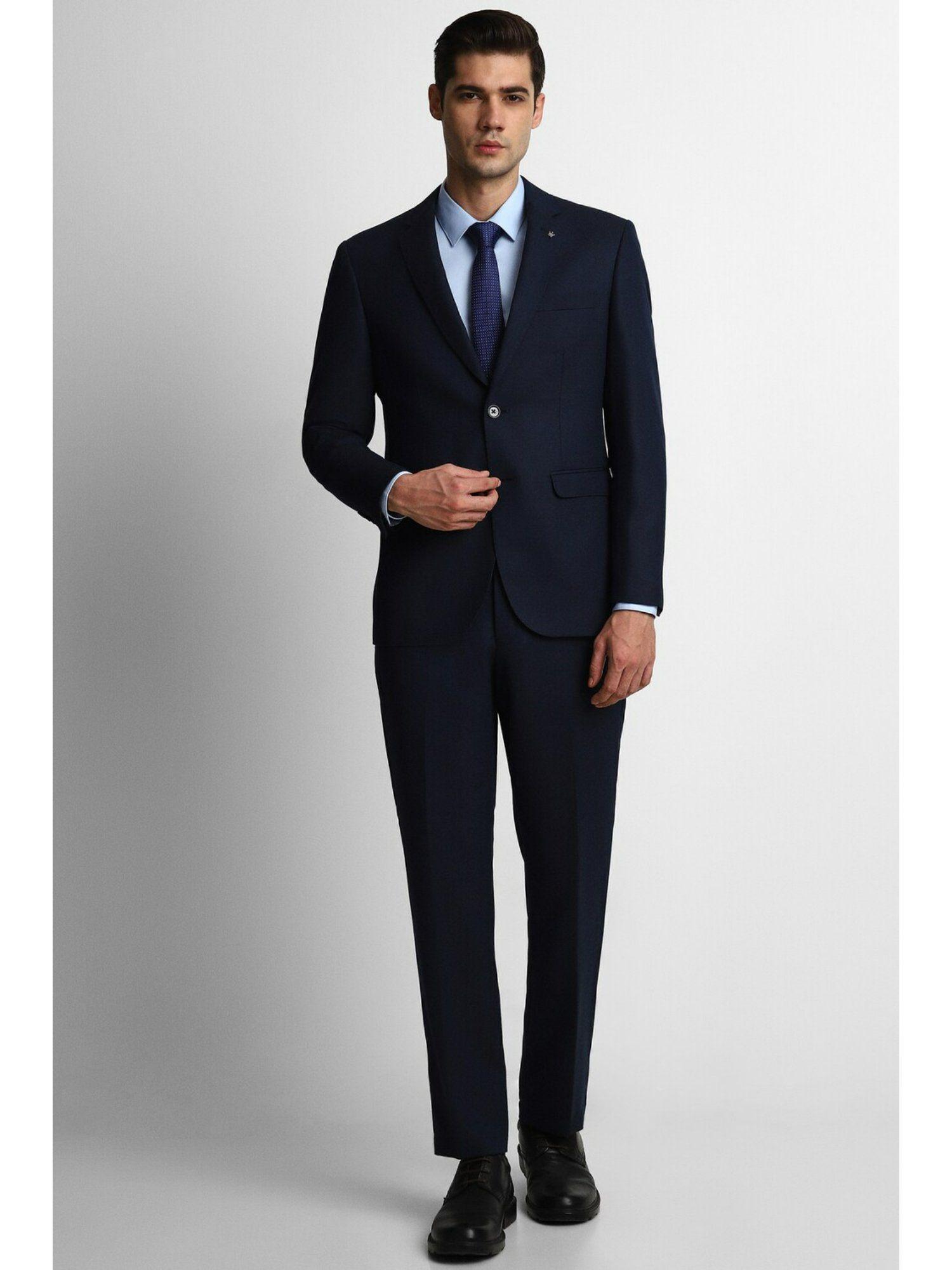 men navy slim fit solid formal suit (set of 2)