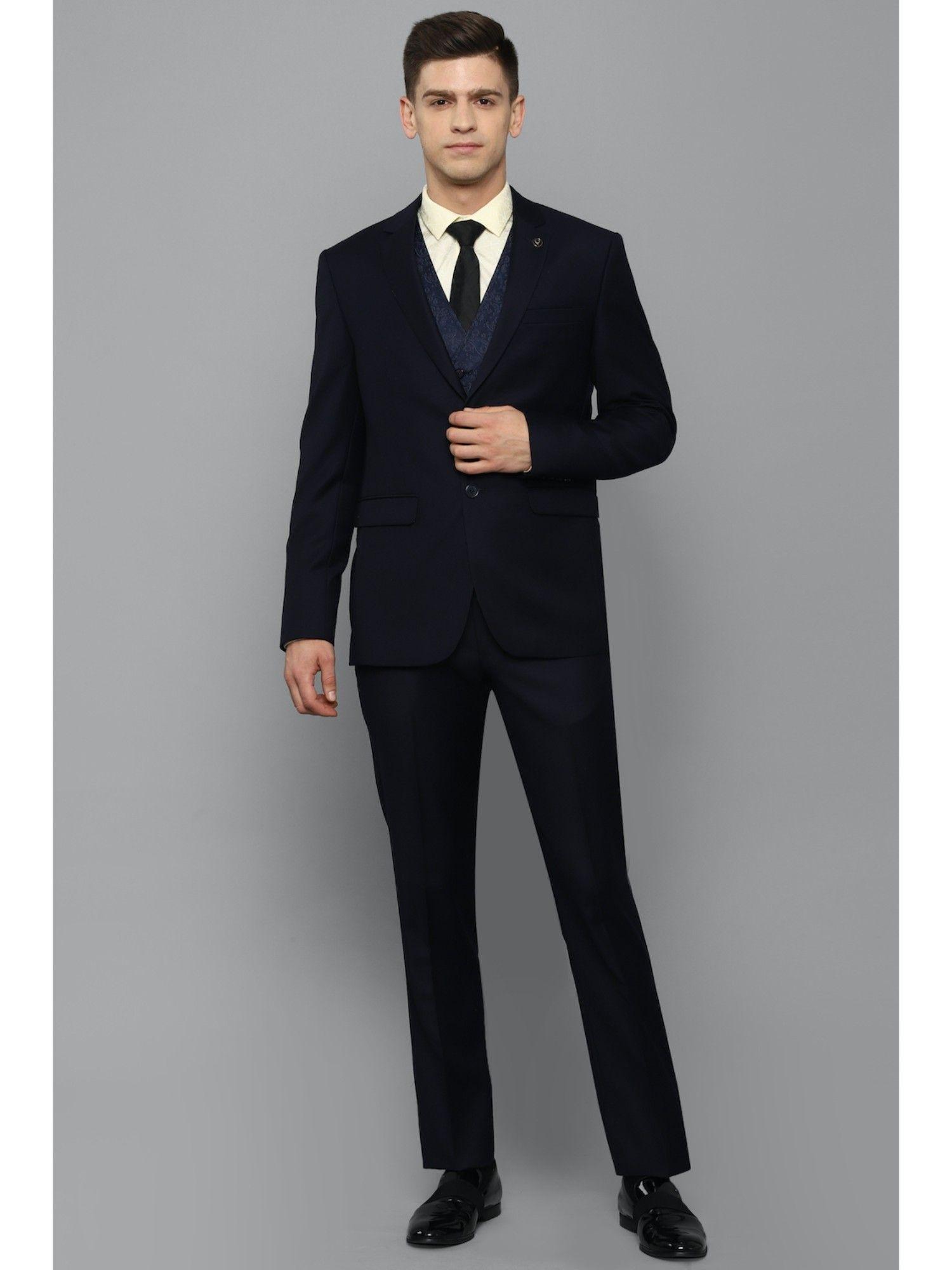 men navy slim fit solid formal suit (set of 3)