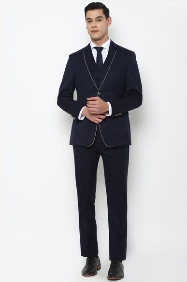 men navy slim fit solid formal three piece suit