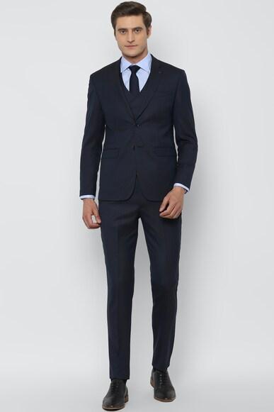 men navy slim fit solid formal three piece suit