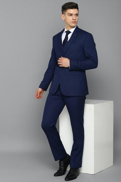 men navy slim fit solid formal three piece suit