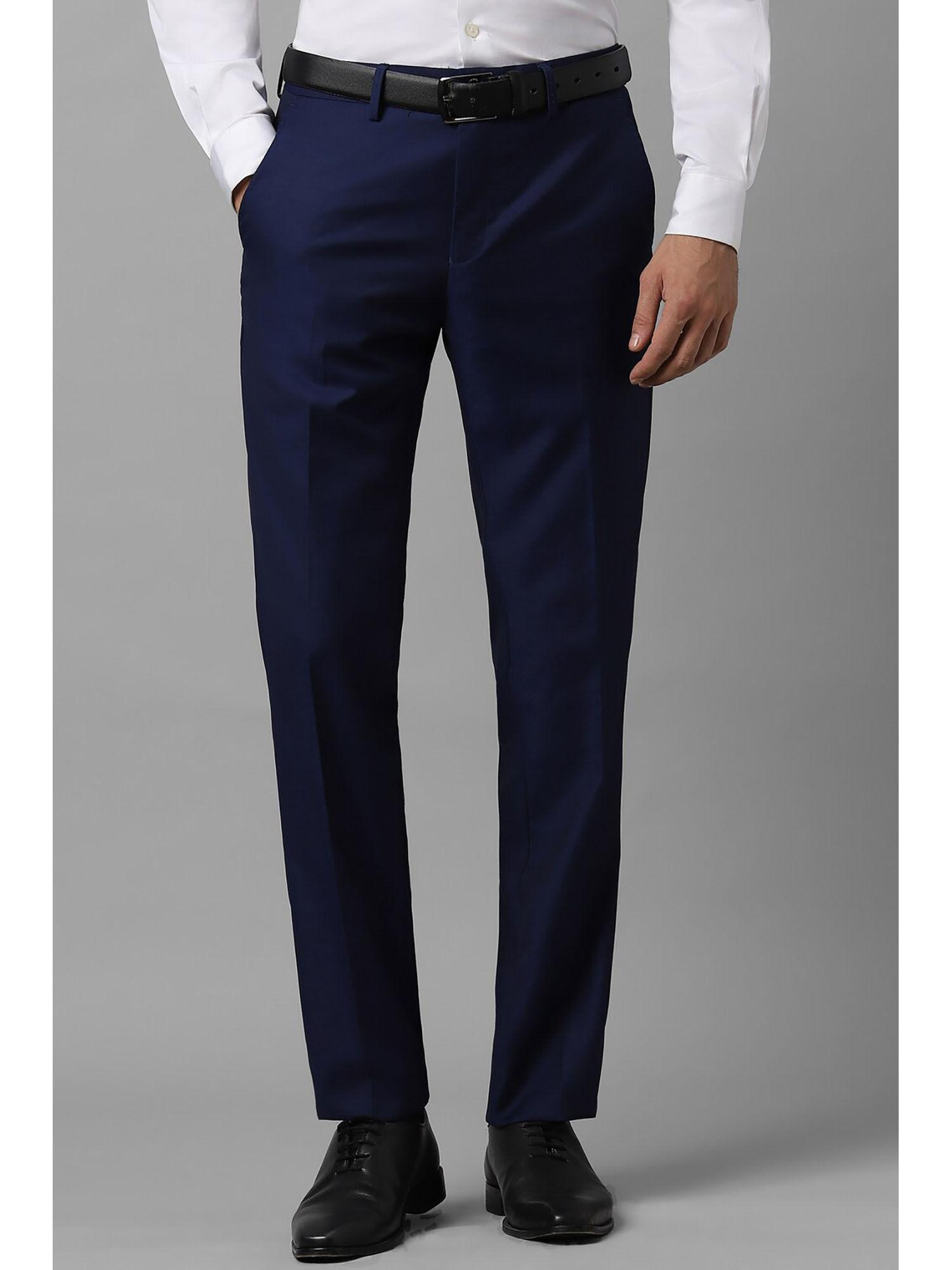 men navy slim fit solid formal trousers