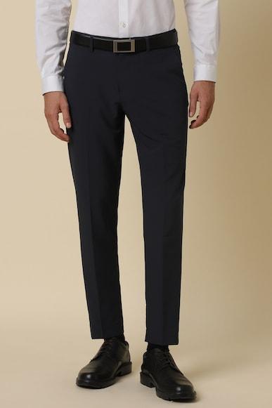 men navy slim fit solid formal trousers