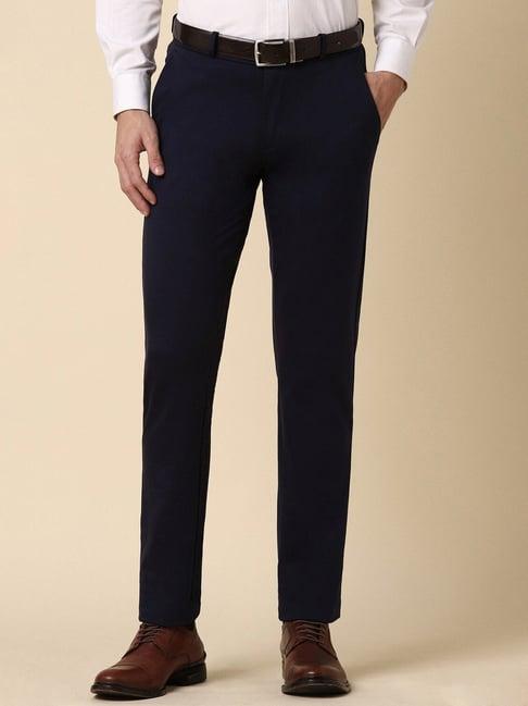 men navy slim fit solid formal trousers