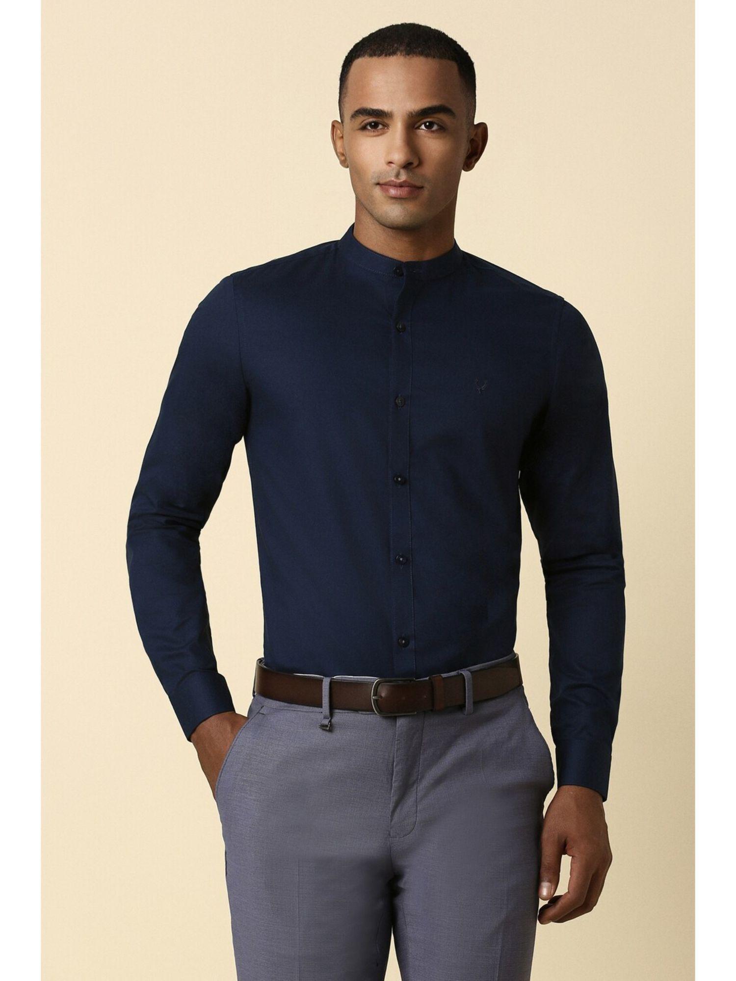 men navy slim fit solid full sleeves formal shirt
