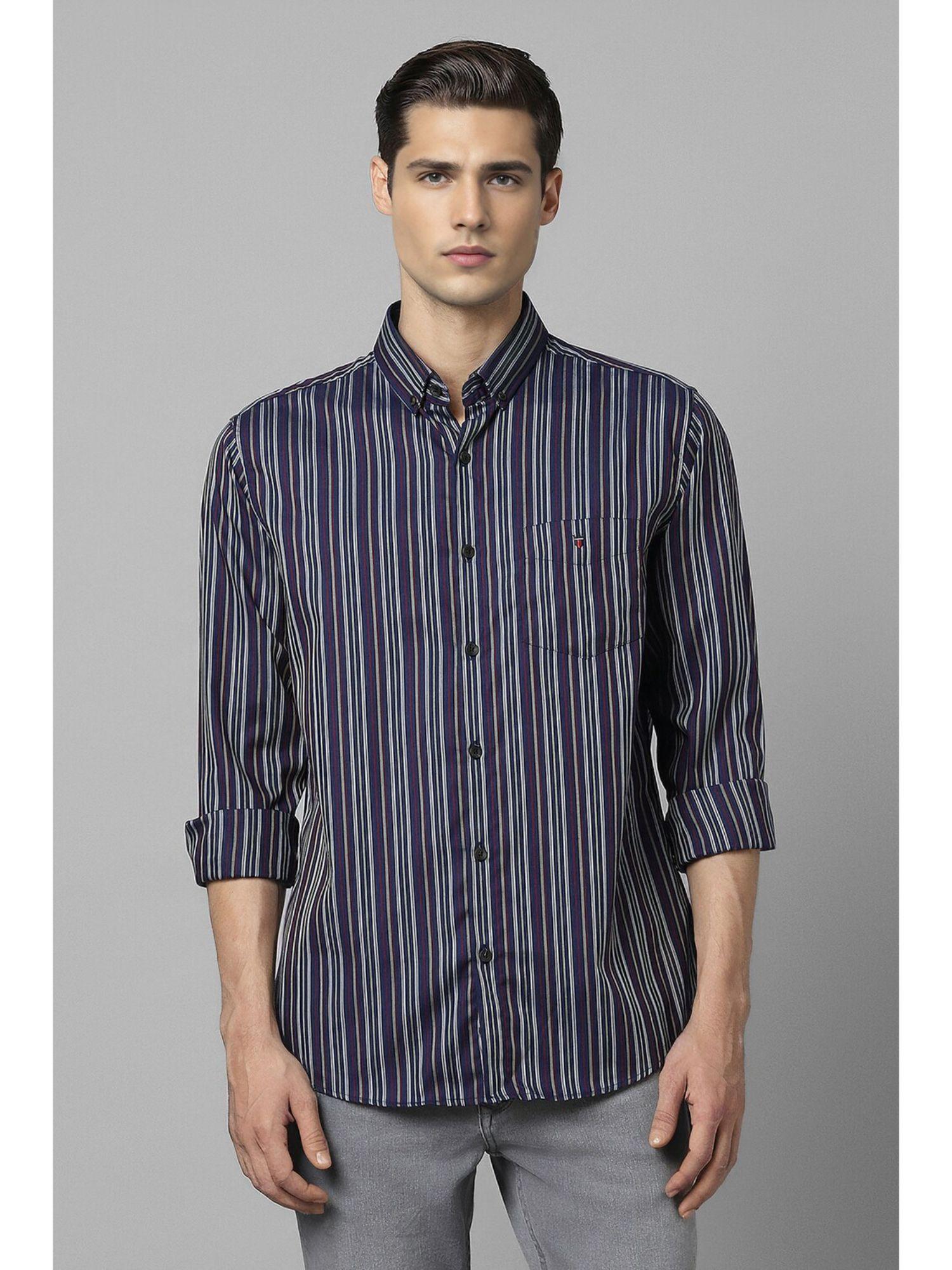 men navy slim fit stripe full sleeves casual shirt