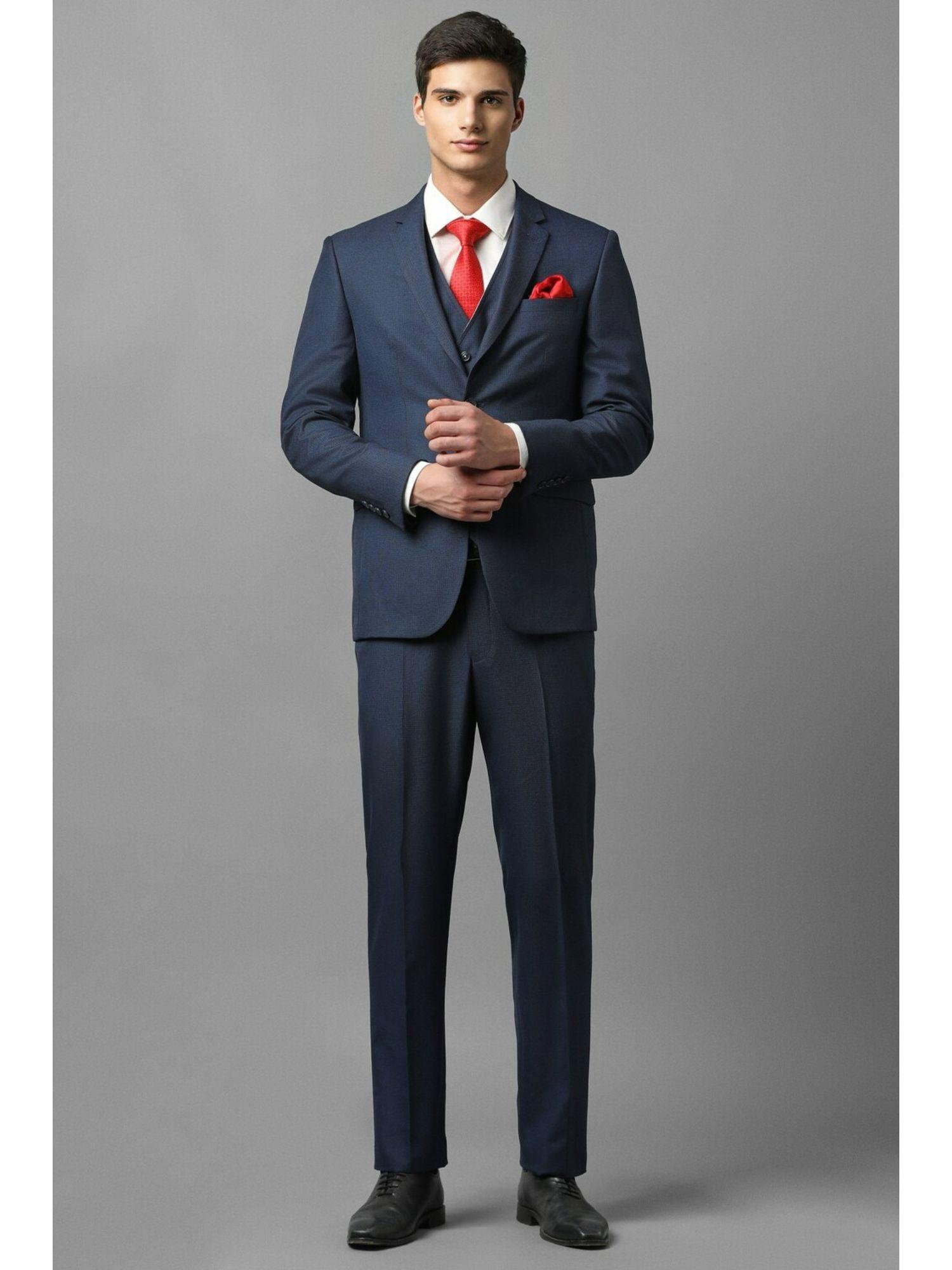 men navy slim fit textured party three piece suit (set of 3)