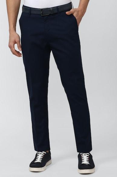 men navy solid carrot fit casual trousers