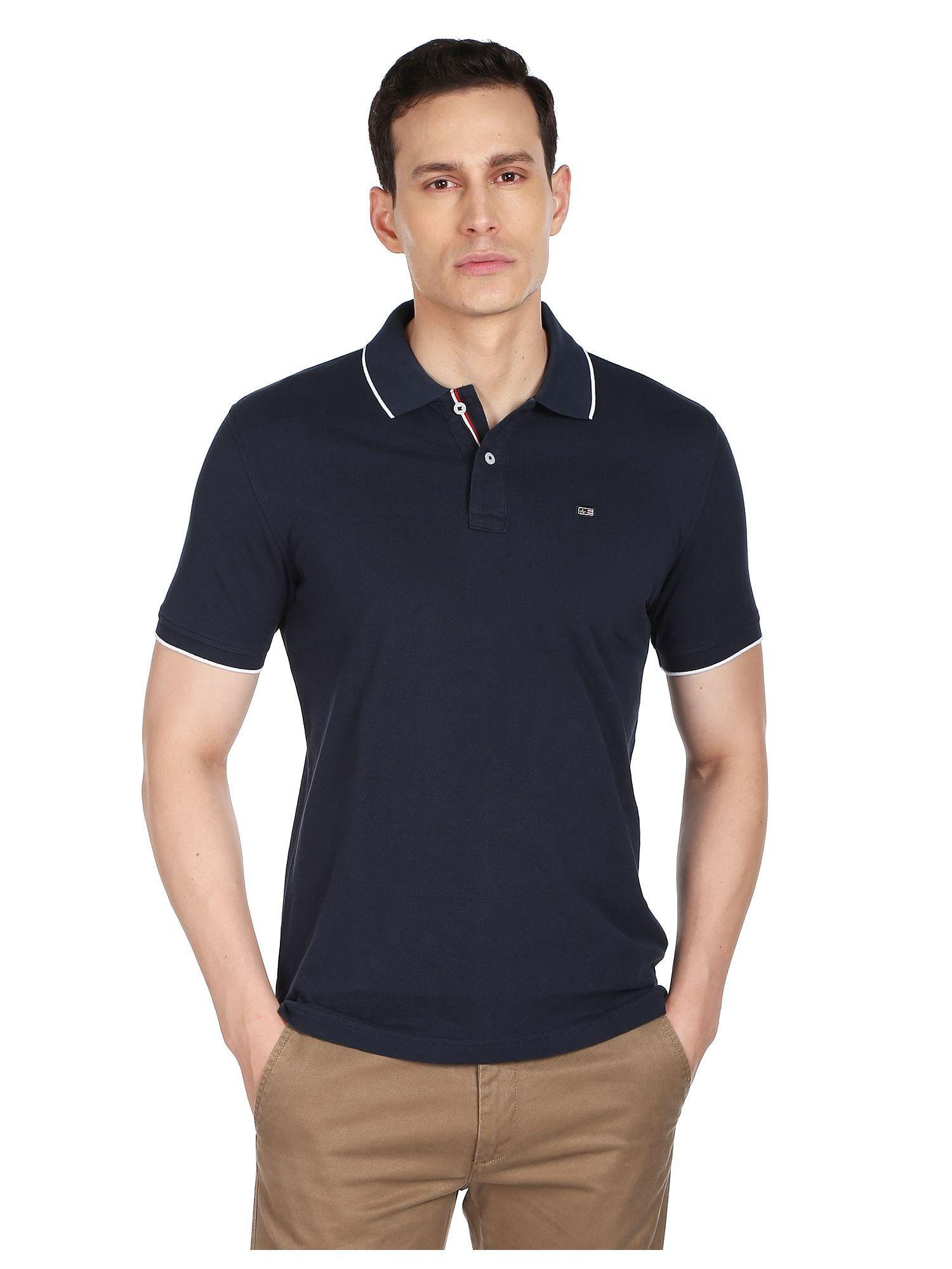 men navy solid compact cotton polo shirt