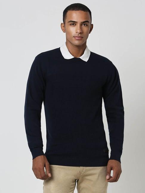 men navy solid crew neck sweater