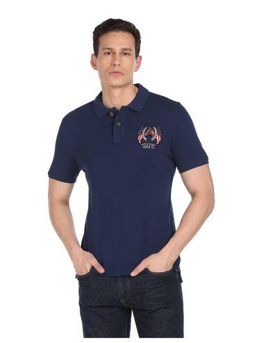 men navy solid pique polo t-shirt