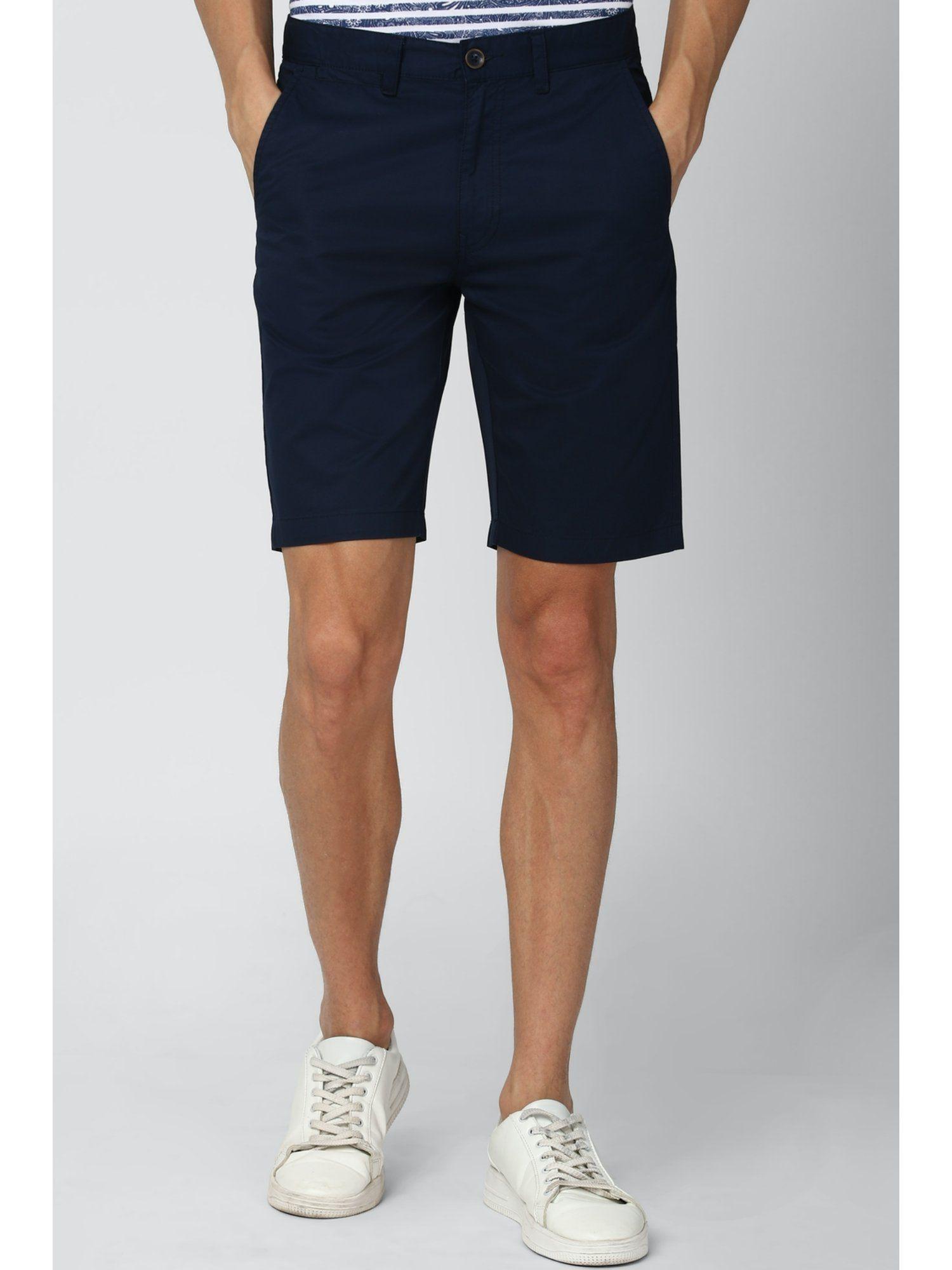 men navy solid regular fit casual shorts